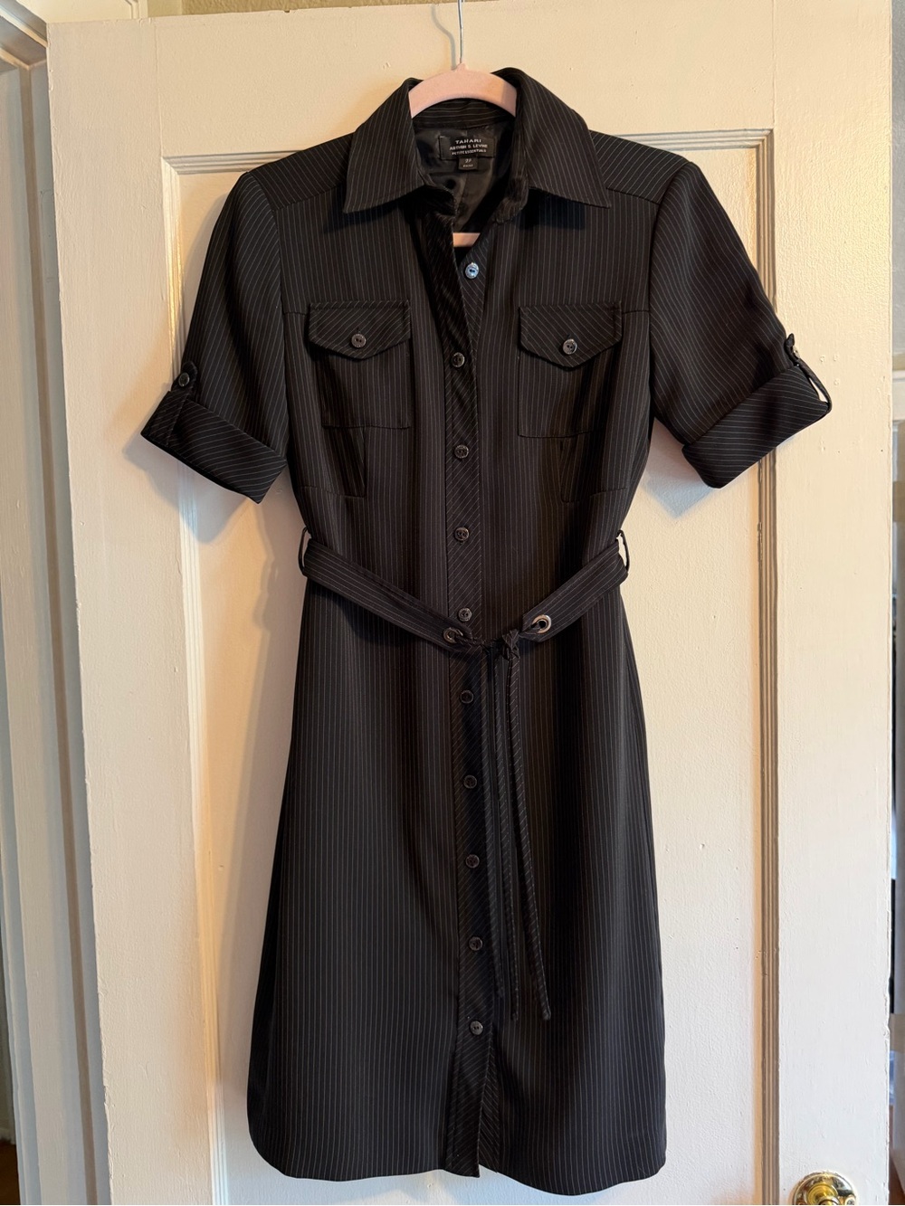 Tahari Arthur S. Levine Black Pinstripe Shirt Dress with Belt
